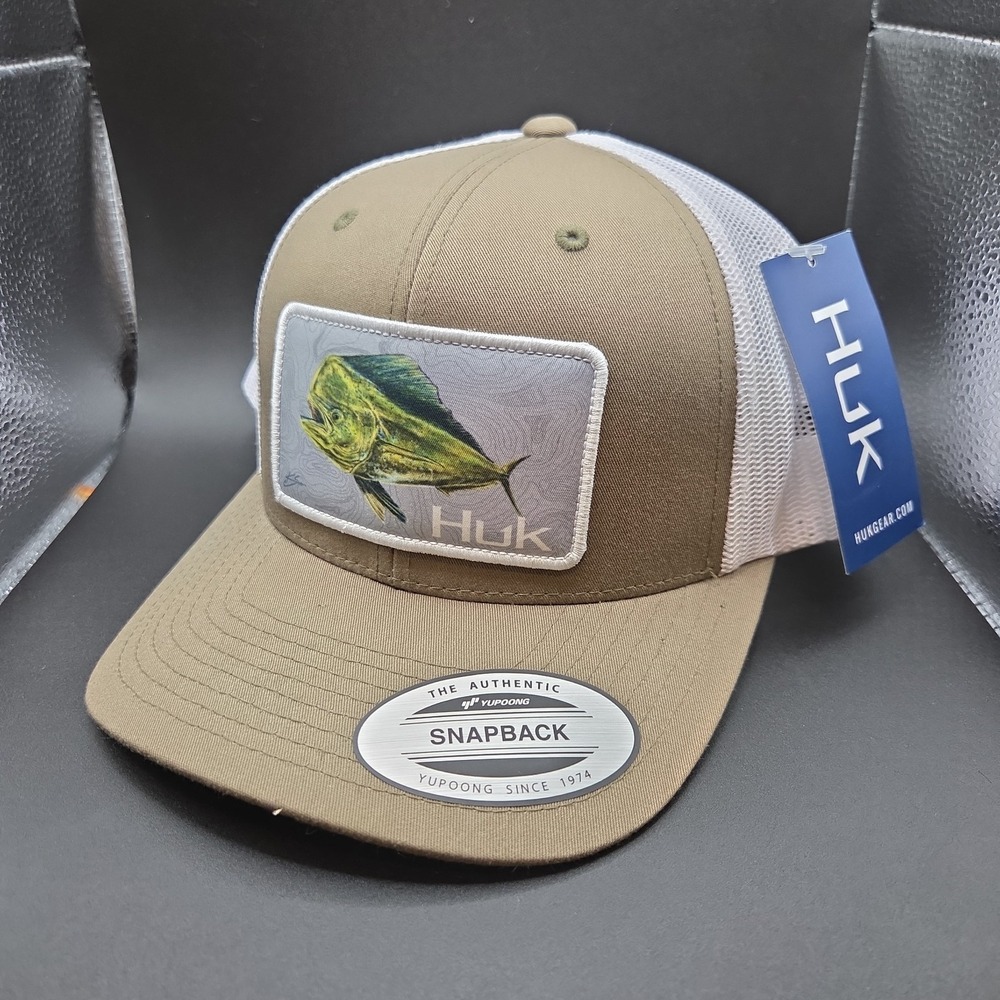 Huk Fishing Mahi Mahi KC Sighted Trucker Hat Mens Snapback Cap Brown White NWT
